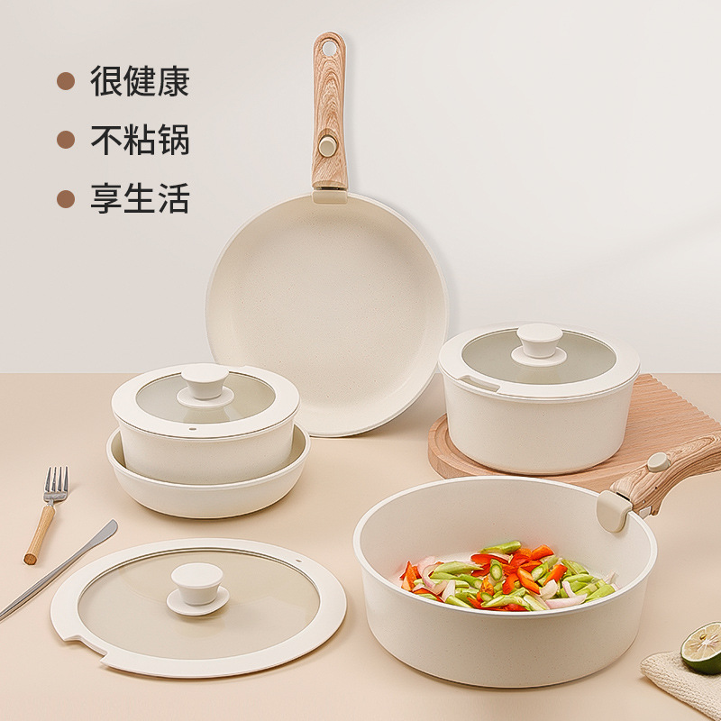 Sartén y olla antiadherente con mango desmontable, apta para cocina doméstica y camping, ideal para freír y saltear.