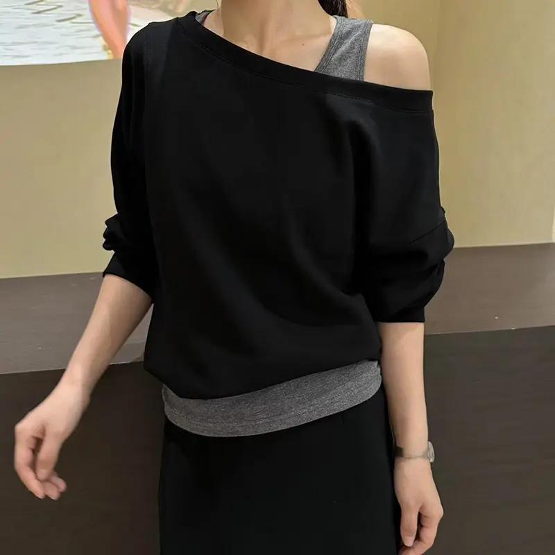 韩系女装设计感黑色假两件斜肩上衣半身长裙宽松显瘦春秋气质套装|undefined
