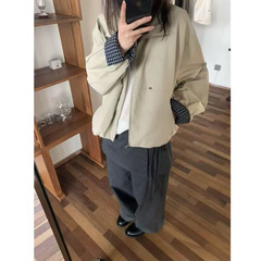 韩系格子拼接立领夹克外套女2025秋季宽松休闲慵懒短款棒球服上衣
