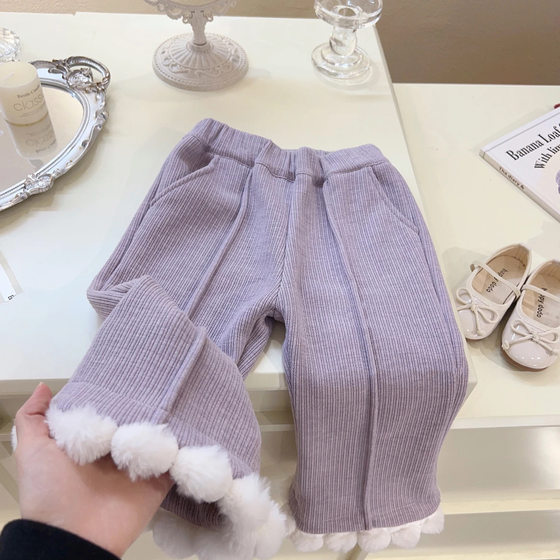 Girls' Winter two-piece suit new Korean fashion baby cardigan knitted autumn and winter sweater coat fleece-lined trousers