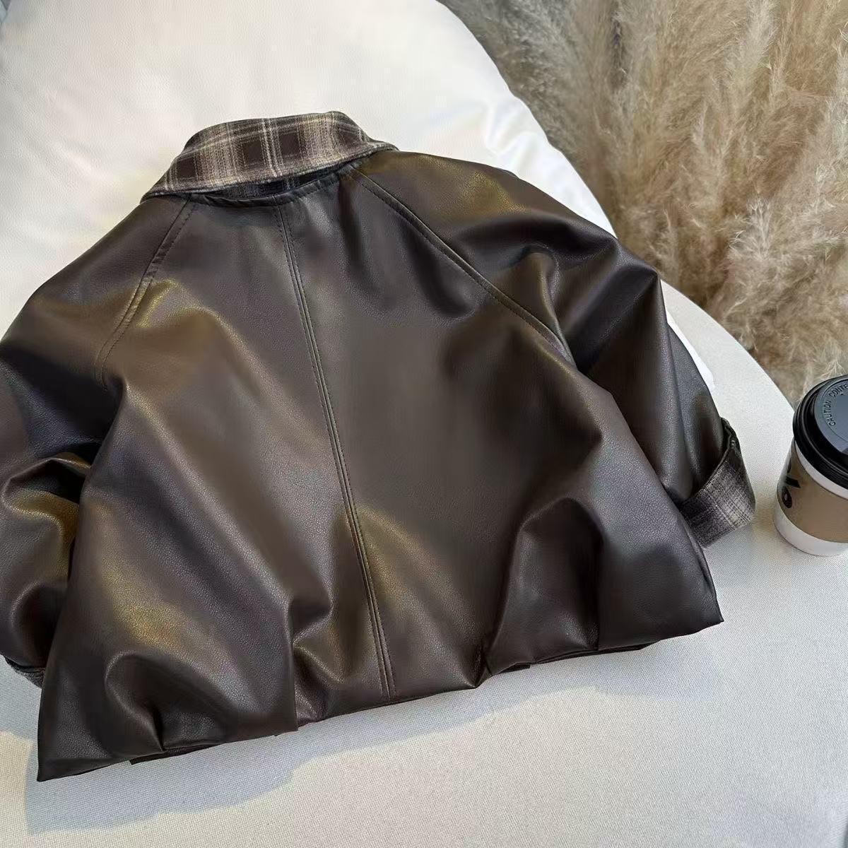 Chaqueta de cuero de la solapa de los niños, chaqueta de niños, chaqueta de primavera y otoño, chaqueta de cuero a cuadrícula, chaqueta de primavera y otoño image 3
