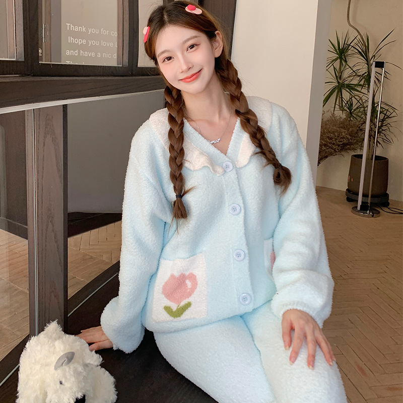 23 Otoño e Invierno medio terciopelo engrosado pijamas Tulip cardigan conjunto de dos piezas prendas de vestir exteriores homewear para las mujeres