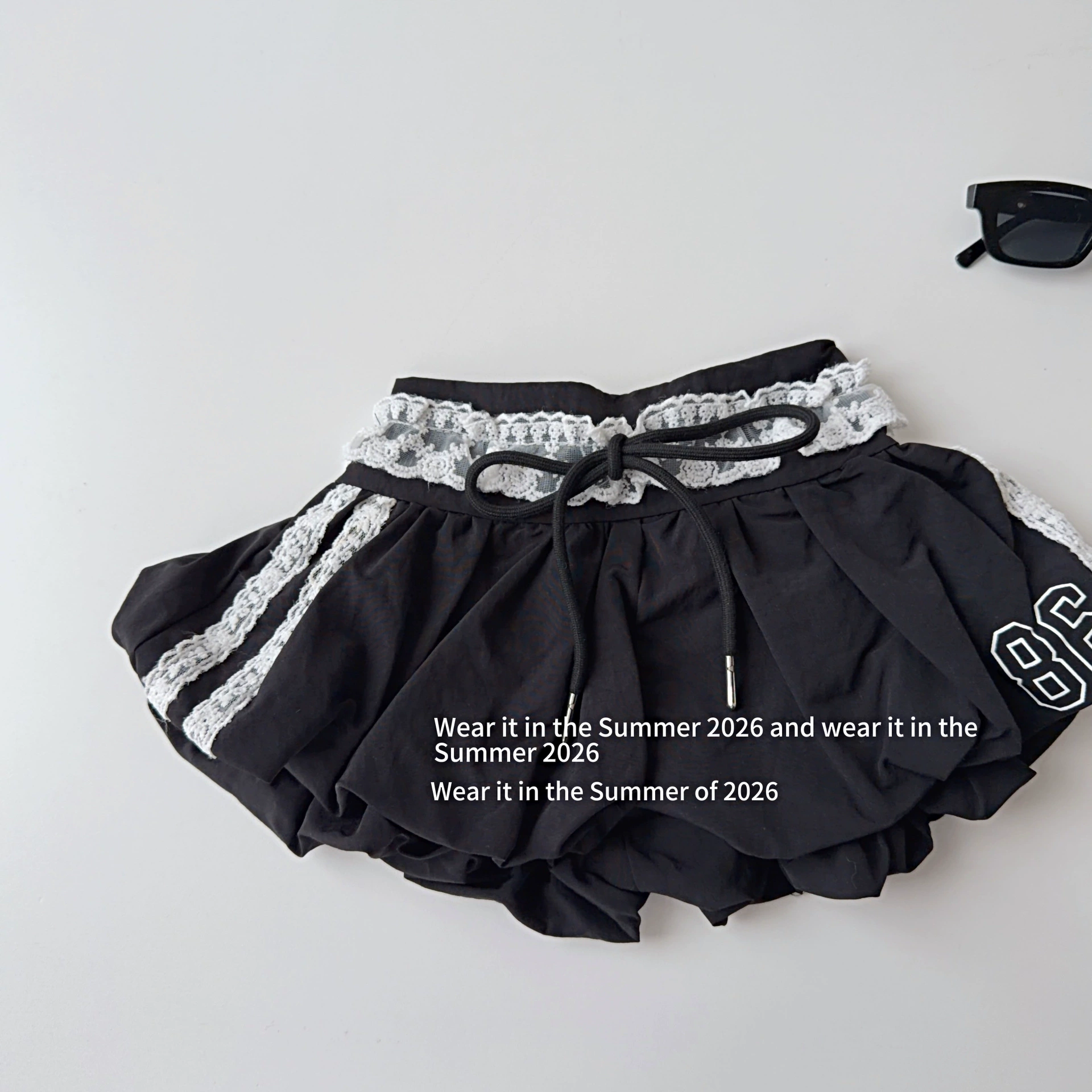 Мини‑юбка с завышенной талией, кружевная отделка, затяжка, oversize корейский стиль