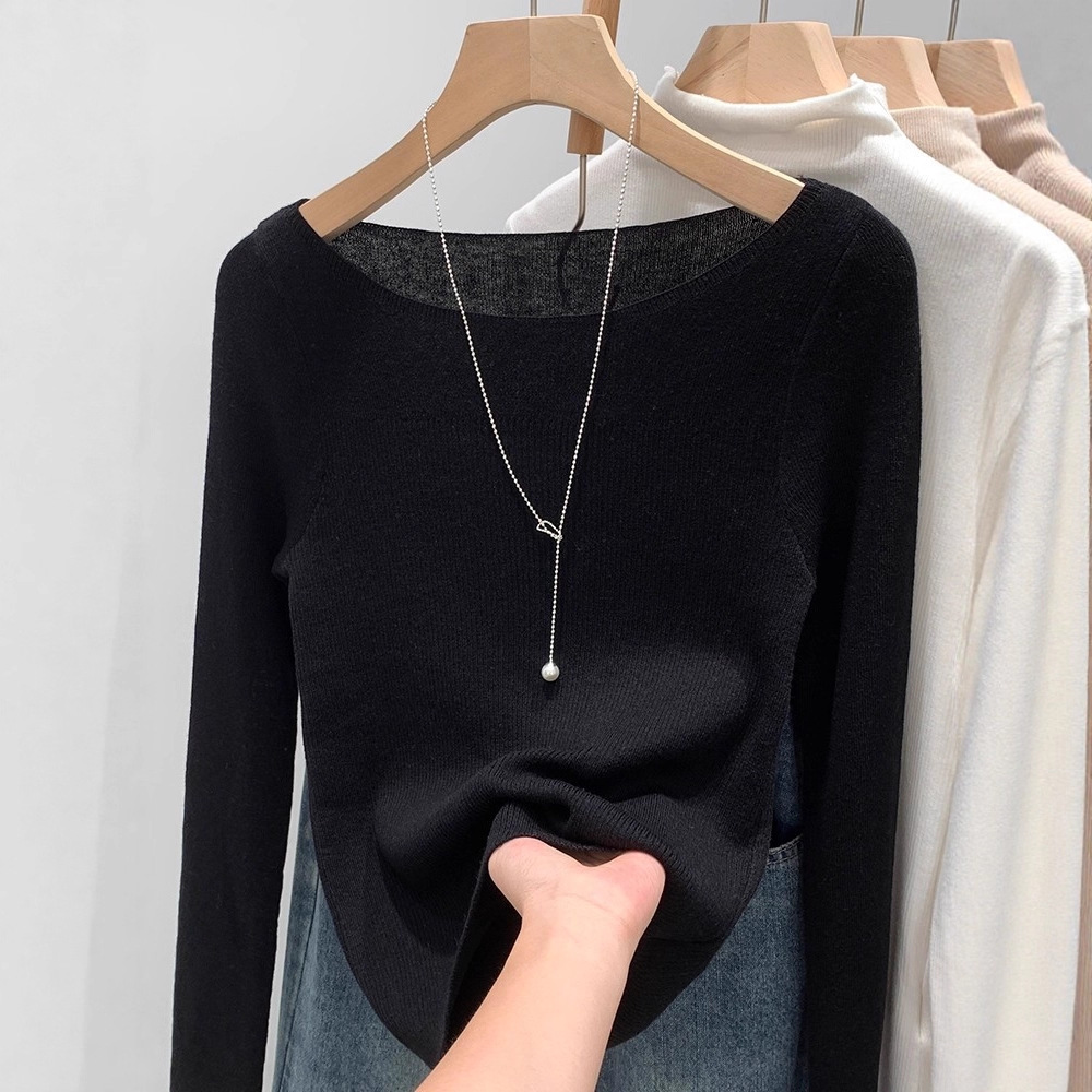 早春新款 2025年法式设计感一字肩收腰修身显瘦长袖针织衫 SN7204