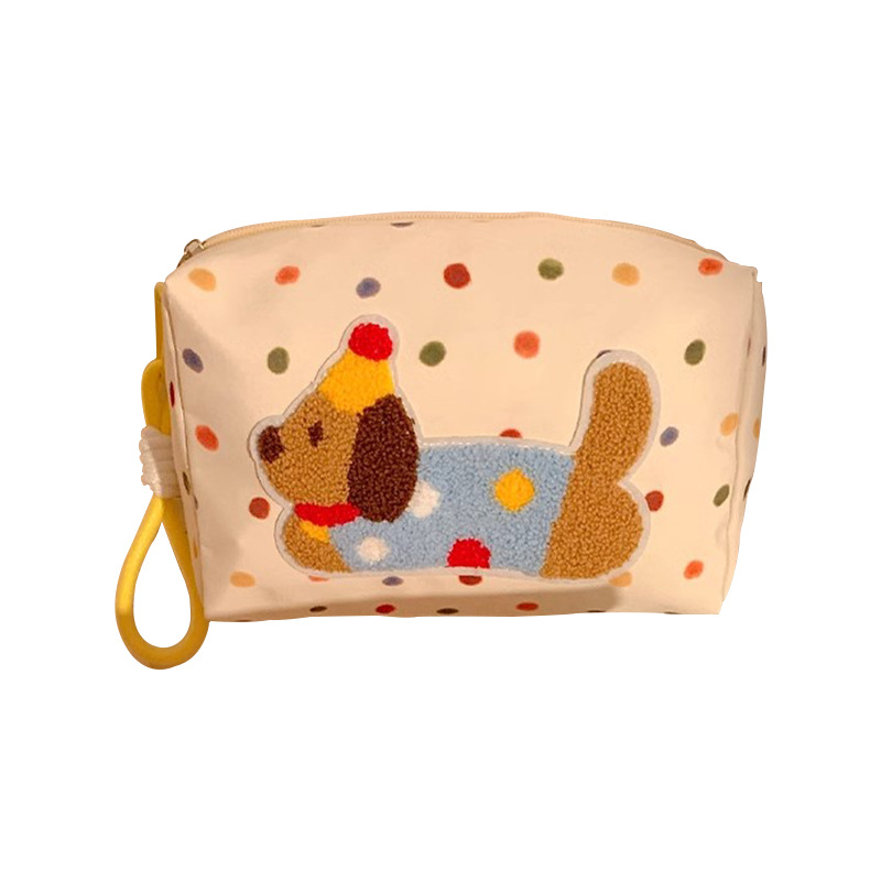 Bolso de maquillaje de mano de perro salchicha de lunares Bolso de embrague portátil para niñas Bolso de almacenamiento de viaje de negocios de gran capacidad Bolso de lavado