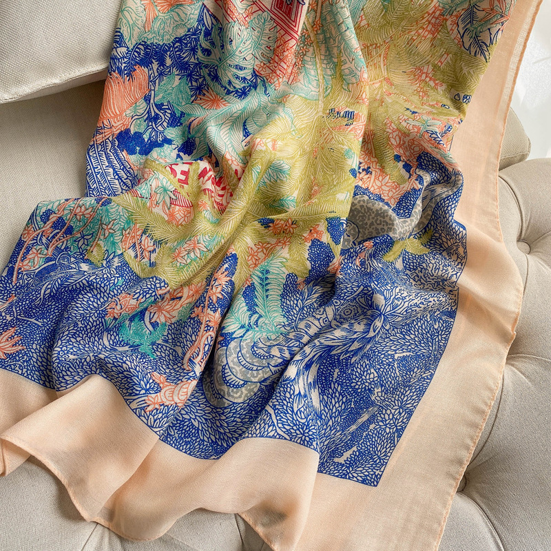 Japonés romántico planta flor impresión algodón y lino sensación de la mano bufanda cuadrada grande viaje artístico chal bufanda de seda 135*135cm