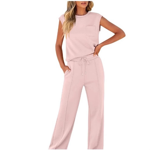 Women's Casual Outfit Set Sleeveless Top High Waist Wide Leg Pants Two Piece Summer Pure Color Loose Fit Comfortable Polyester Spandex Stretchy_voghion.com