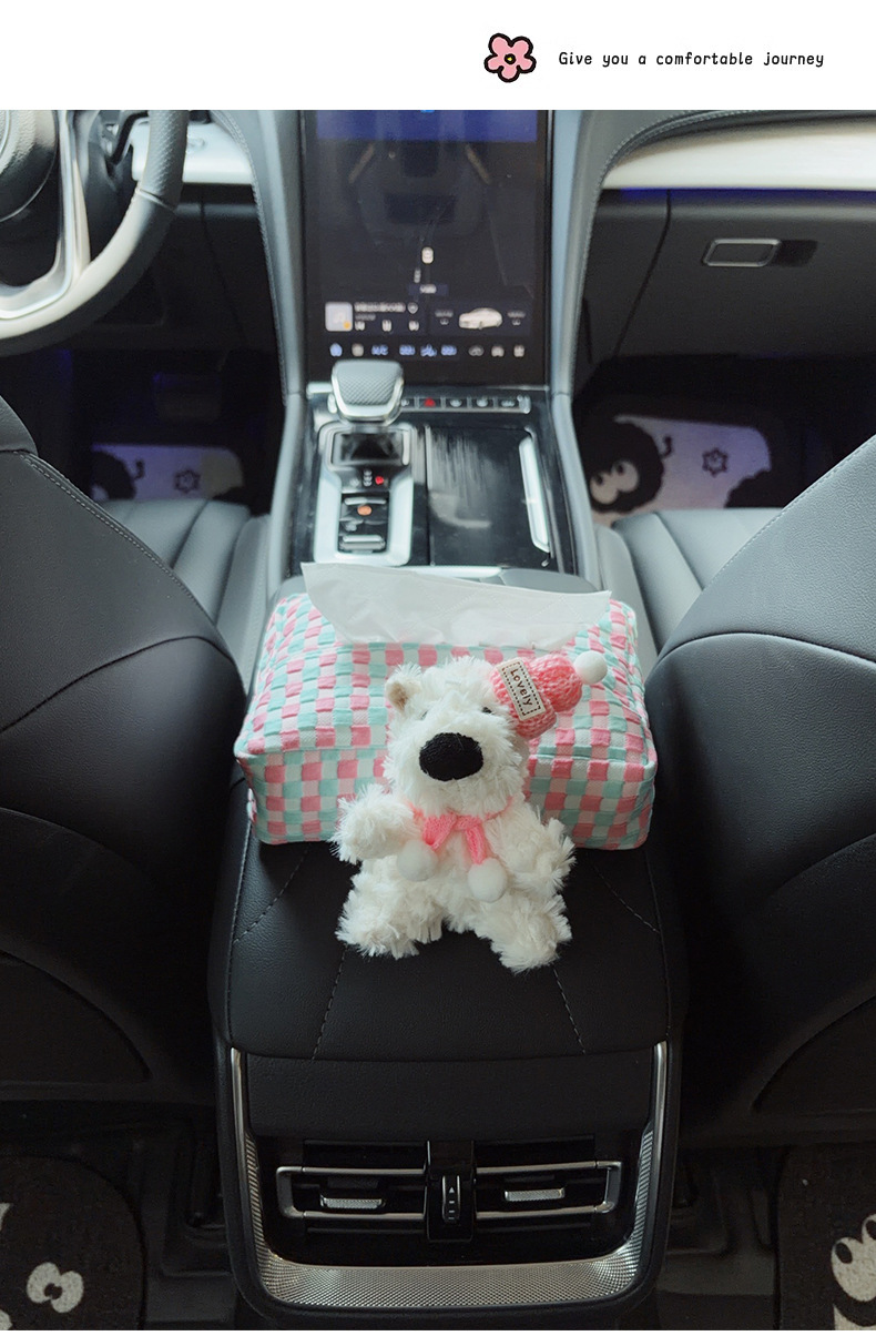 Car tissue box for armrest, cute cartoon design for girls, car-mounted tissue dispenser, car seat trash bin decoration