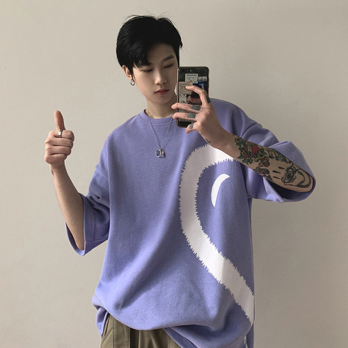 Fashion Men's Summer Streetwear Couple's Love Heart Short Sleeve T-Shirt Men's Korean Style Trendy Loose Round Neck Five-and-a-Half Sleeve Trendy T