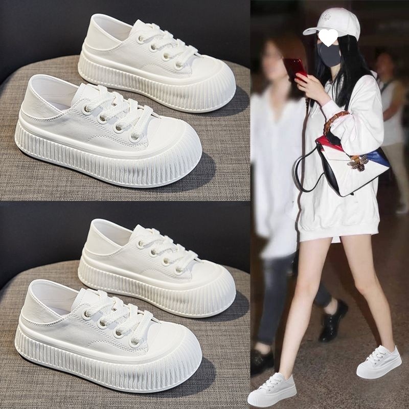 2025 Autumn New Genuine Leather White Sneakers, Trendy Ins Style Casual Lace-Up Cowhide Thick-Soled Two-Way Wear Sneakers