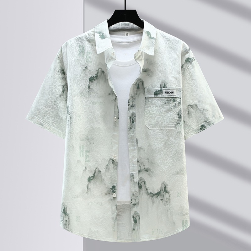 New Chinese Style Short-Sleeved Shirt for Men, Loose Large Size Summer Ice Silk Casual Men's Ink National Trend Shirt Jacket