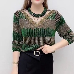 Spring and Autum New Mother's Bottoming Shirt, Fashionable Long-Sleeved Middle-Aged and Elderly Women's T-Shirt, Fashionable Large Size High Elastic Top