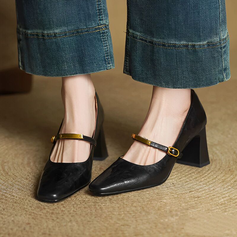 Genuine Leather Commuter High Heels Women's Retro Style Minimalist Black Buckle Belt Mary Jane Shoes with Skirt Thick Heel Shoes