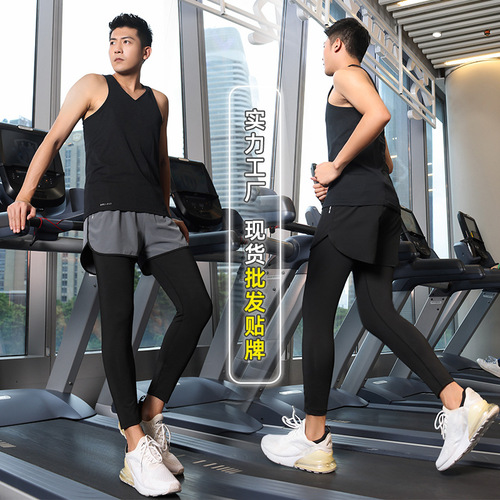 Men's fake two-piece tights, basketball high-elastic pants, compression quick-drying clothes, fitness running pants suit