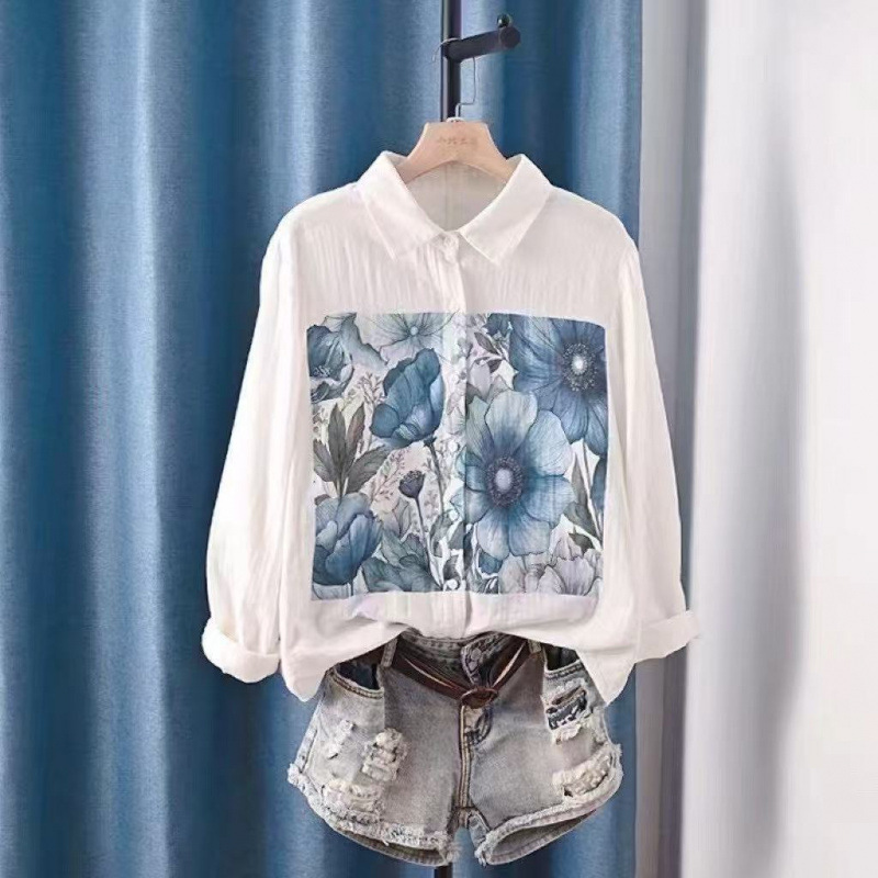 Spring Korean Style Fresh Versatile Double-Layer Cotton Yarn Ingot Lapel Long-Sleeve Printed Shirt Women's Top Factory