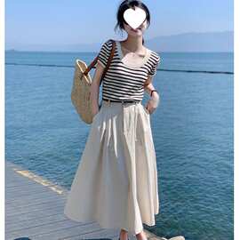 夏季套装裙两件套感领条纹针织短袖恤上衣气质绝美半身裙女