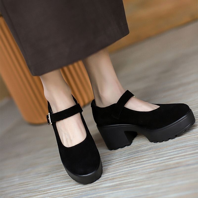 New Mary Jane shoes with high chunky heels, retro thick-soled round-toed single shoes, Japanese style women's black old Beijing high-heeled shoes