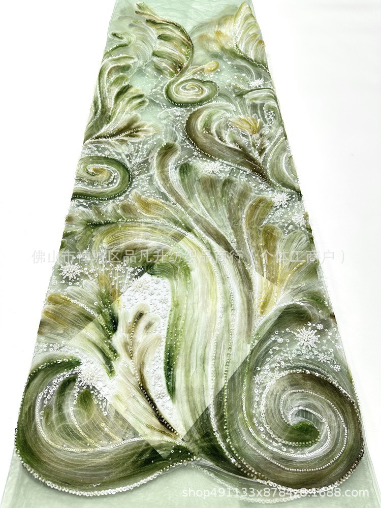 Fabricantes de tela de vestido de moda nueva industria pesada con tela de sequinaria alta fijación teñida por pulverización tela bordada de perlas
