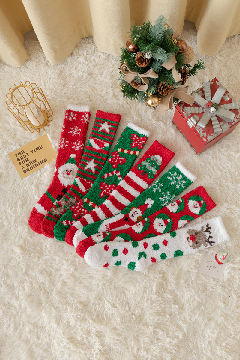 Women'S Gender Cotton, coral fleece Fabric Women's Fashion Santa Claus Cotton Coral Fleece Jacquard Over The Knee Socks
