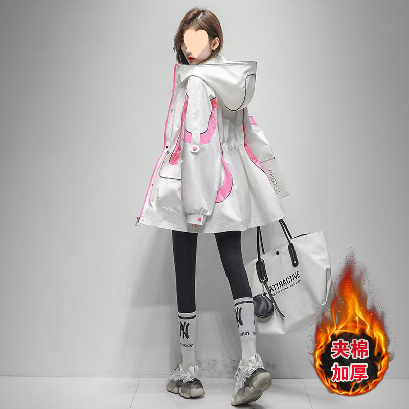 时尚撞色冲锋衣外套女2025春秋季新款收腰显瘦中长款休闲连帽风衣|undefined