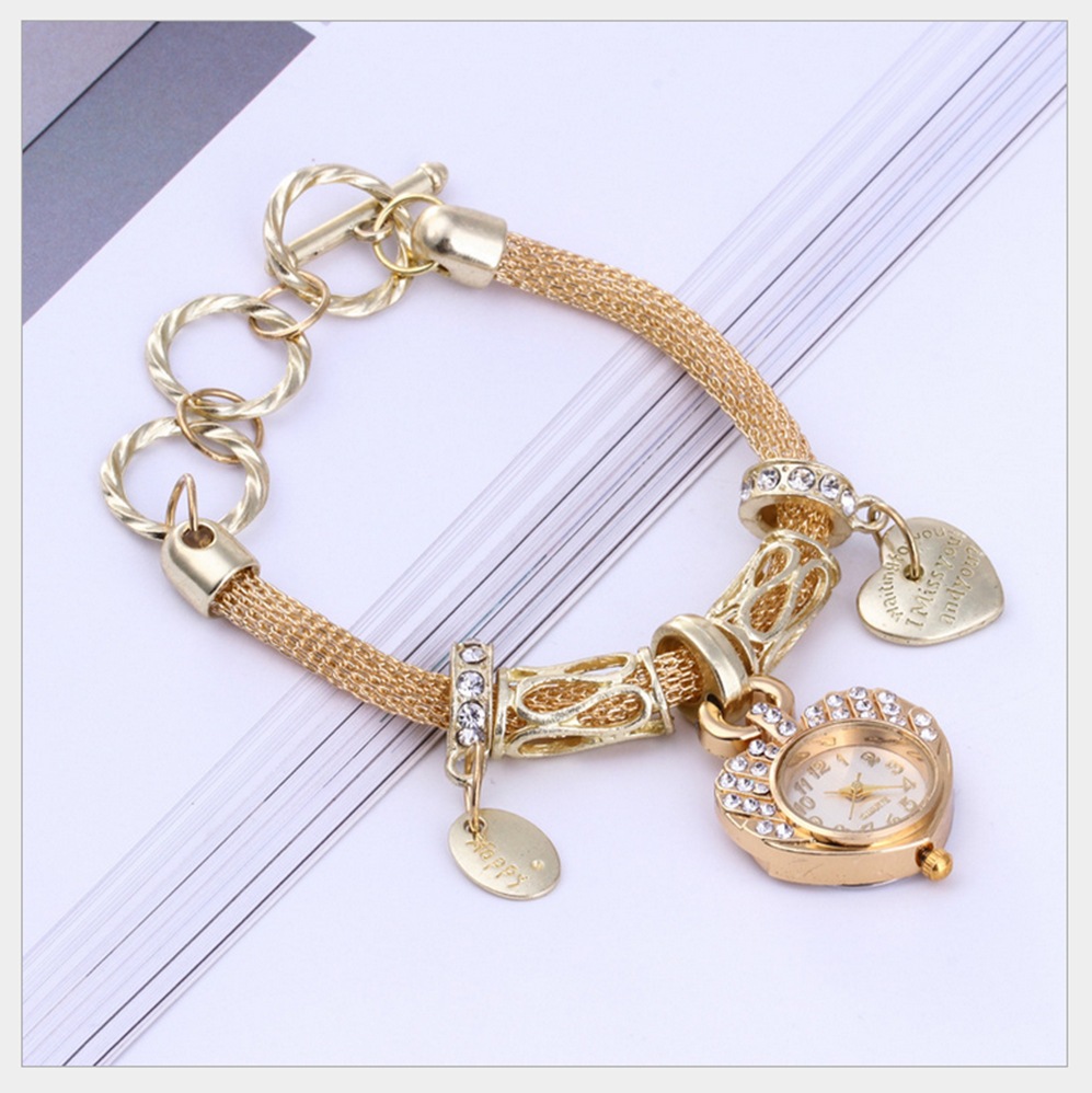 Bracciale da donna Instagram moda diamante oro pesca cuore decorazione temperamento studentessa orologio in lega di quarzo_voghion.com