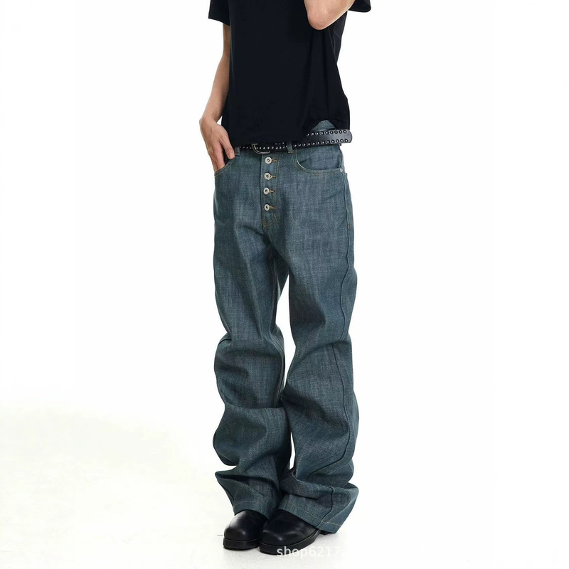Exclusively for Export: Lake Green Lp Raw Denim Flared Five-Button Zipper Original Color Jeans, Washed Long Pants for Men