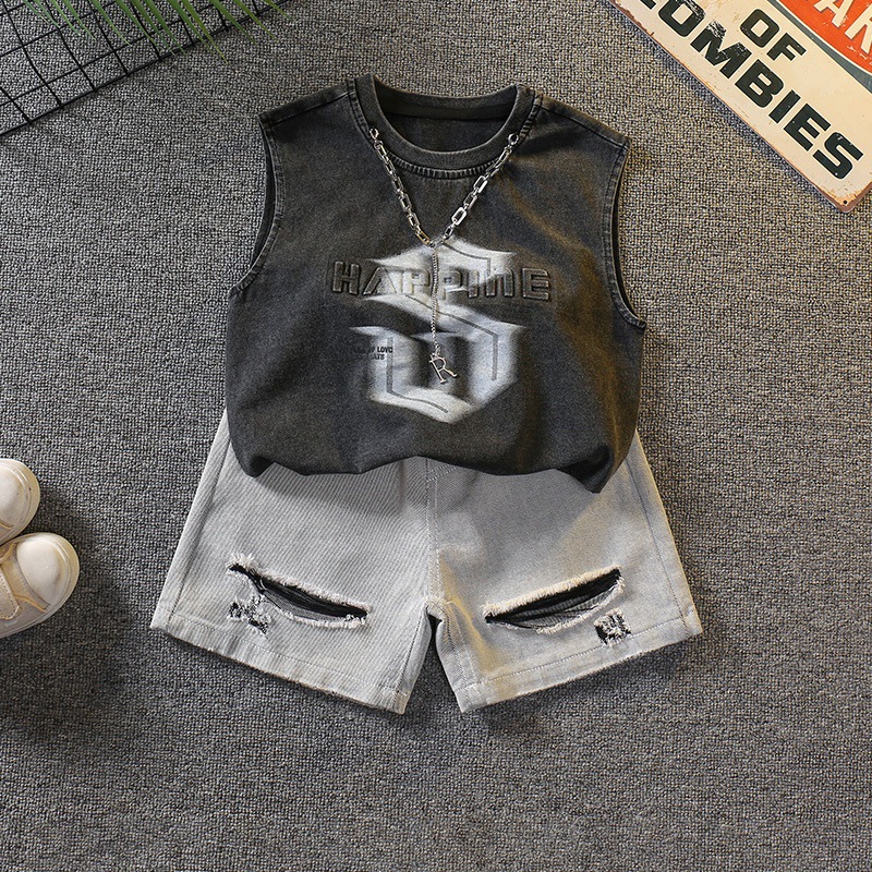 7338 Traje de verano para niños 2025 Nuevo chaleco sin mangas de estilo occidental para niños Verano delgado Versión coreana de dos piezas Verano