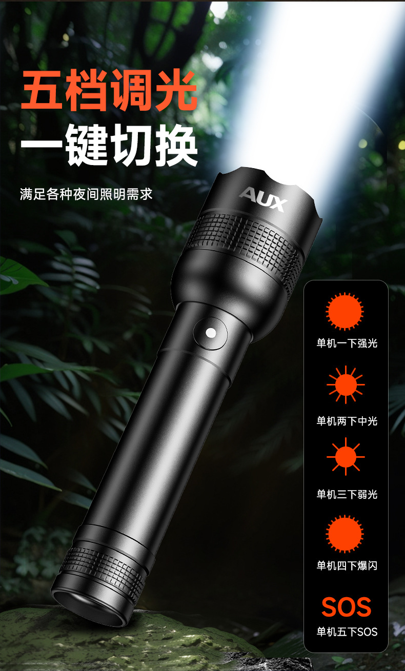 Flashlight, Small, Portable, Strong Light, Rechargeable, Focused, Ultra-Bright, Outdoor Mountaineering, Household, Telescopic, Large Capacity