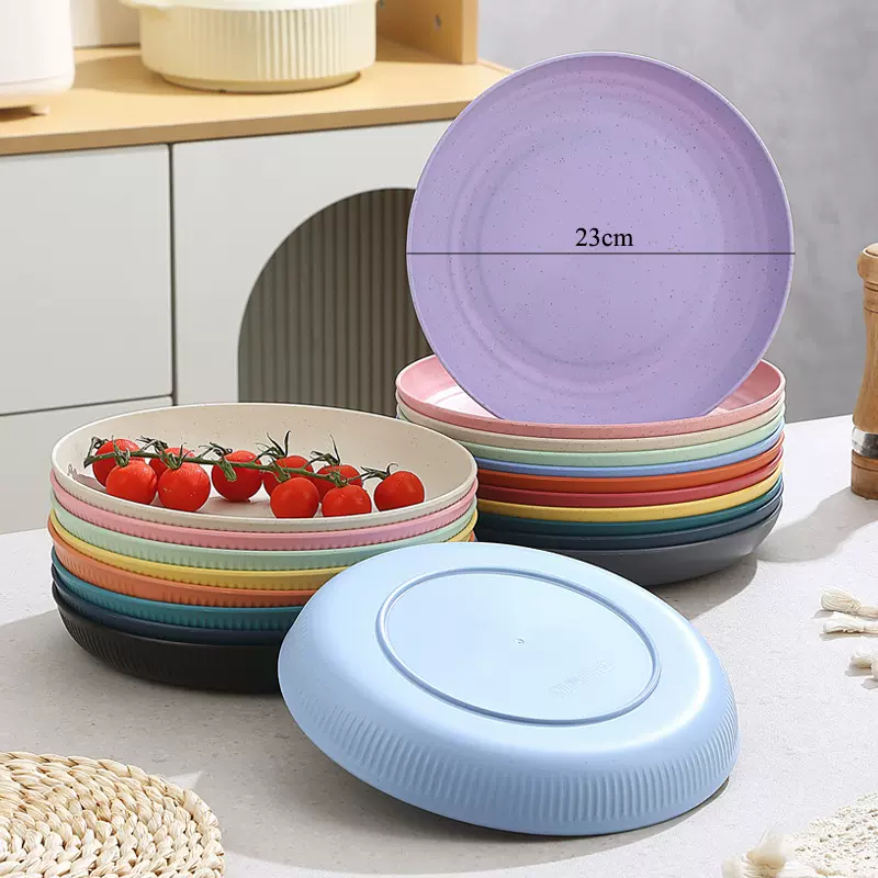 小麦秸秆条纹餐盘 家庭竖纹水果饭菜盘水果沙拉零食糖果塑料PP盘