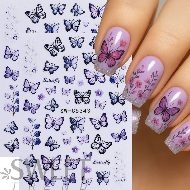 Cross-Border New Nail Art Stickers Wholesale Ins Style Spring Cherry Blossom Colorful Butterfly 3D Adhesive Nail Decals Cross-Border New Nail Art Stickers Wholesale Ins Style Spring Cherry Blossom Colorful Butterfly 3D Adhesive Nail Decals