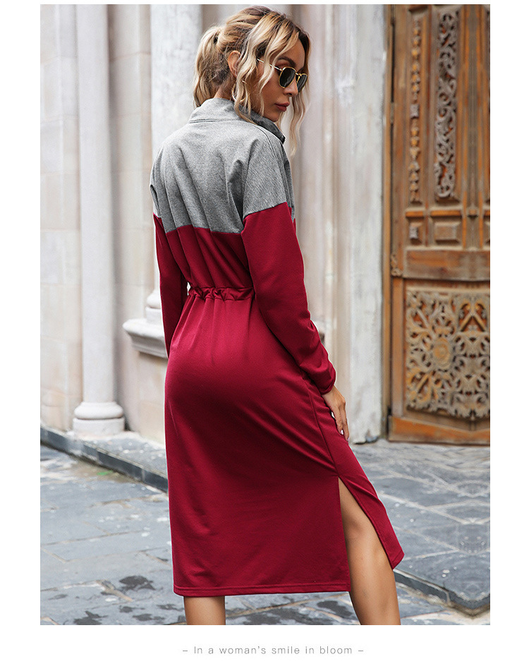 Spring Autumn Women Clothing Contrast Color Slim Fit Dress Waist Controlled Lace up Split Mid Length