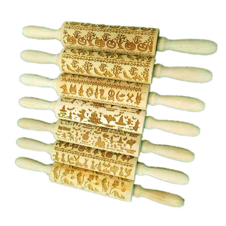 Madera Rolling pin haya grabado láser impresión Rolling pin relieve Rolling pin cuero Navidad fondant galleta presionando palo