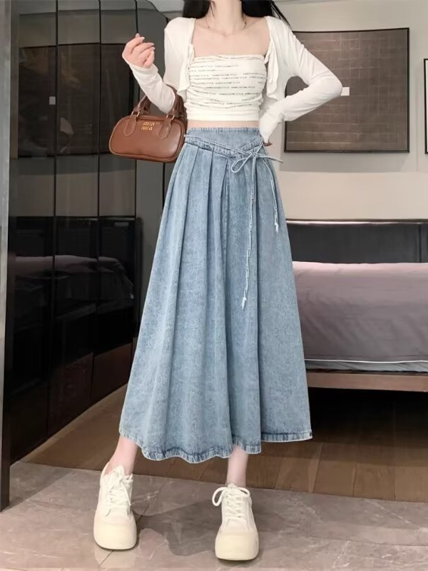 女性用ストラップ付きデニムスカート、夏の新しいスタイル、伸縮性のあるハイウエストレースアップAラインプリーツスカート、股をカバーする大きな裾のロングスカート|undefined