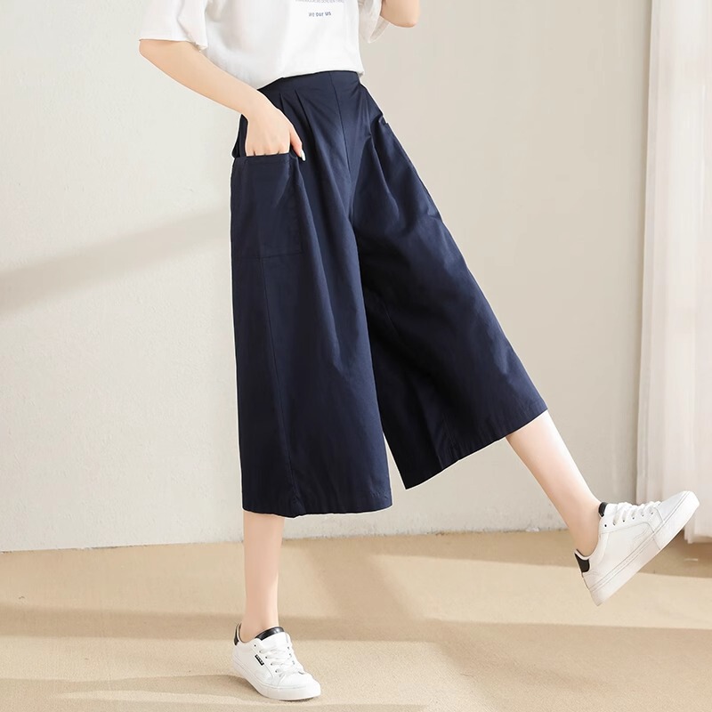 Pure Cotton Wash Casual Culottes Women's Summer Thin Loose Slim Look Small High Waist Dipped Cropped Wide Leg Pants