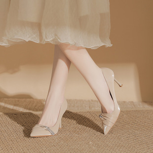 Pointed High Heels Women's High-end Style Chanel Style Autumn and Winter New Banquet Shoes Bridesmaid Stiletto Heel Shallow Mouth Champagne Wedding Shoes