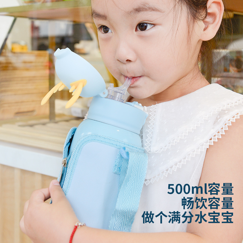 新款卡通316不鏽鋼鹿角兒童壺可愛便攜帶吸管背帶保溫杯禮品批發