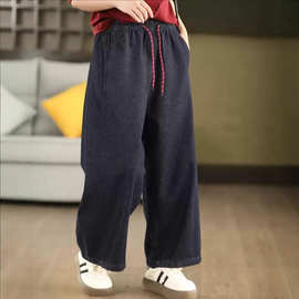 简梦酵素水洗牛仔裤 2025秋季新款 复古系带松紧腰百搭休闲长裤女