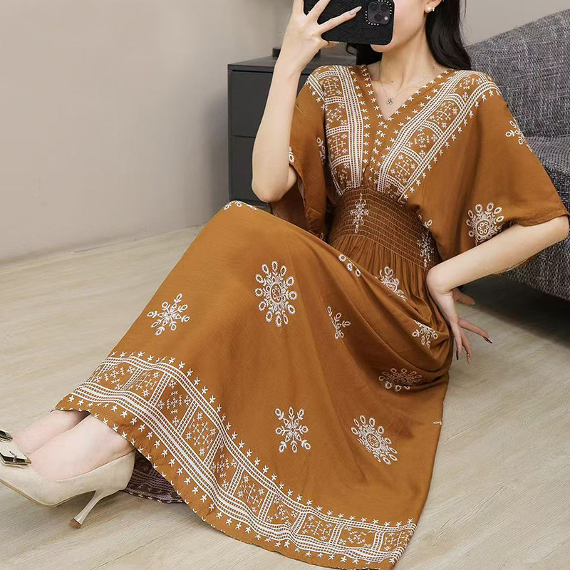 25 Years New Flowers # Ethnic Style V Neck Rayon Short-Sleeved French Thai Style Dress Women's Printed Holiday Style Skirt