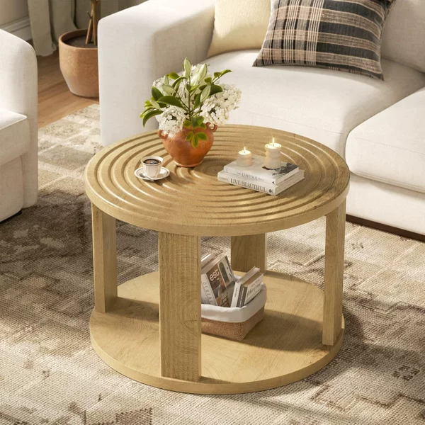 Retro wood-style spiral-patterned round side table, small storage table for small spaces, tea table, decorative table for homestay living rooms