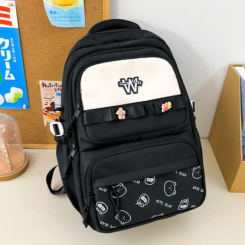 Nueva mochila de hombro simple letras negras con lindos colgantes mochila de carga mochila de gran capacidad