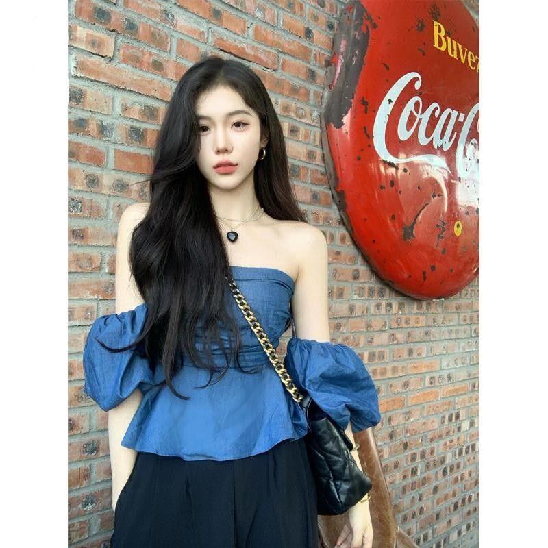 [Tencel Denim] Summer Spice Girls Chic Top Design Niche off-shoulder Bubble Sleeve Shirt Women