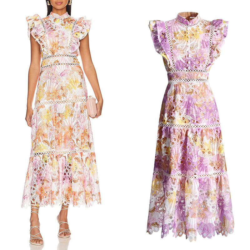 Fashionable Bohemian Style Elegant 2026 Summer Round Neck Flutter Sleeve Waist-Cinching Floral Long Dress for Women