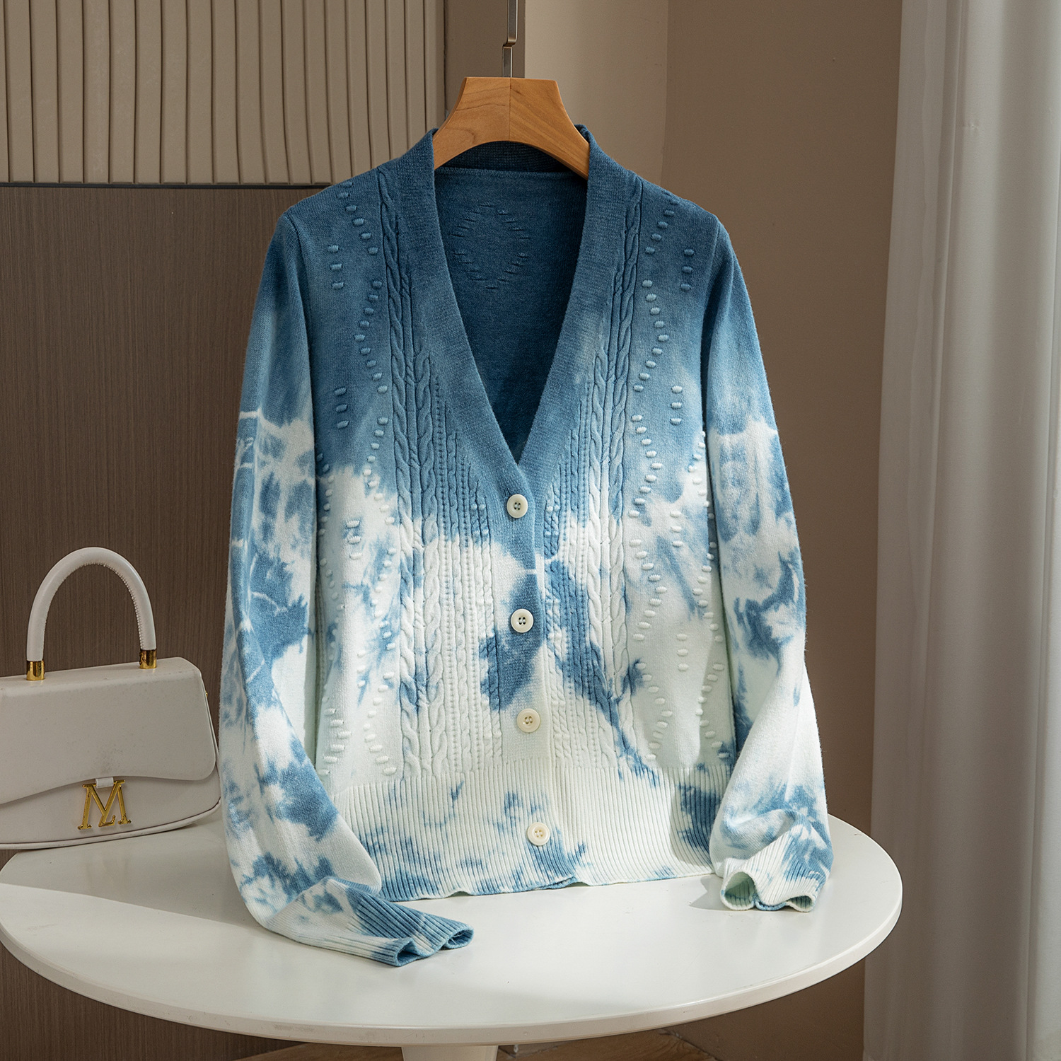 Yunnan Handmade Tie-Dye Autumn and Winter Knitwear Cardigan Outwear Long-Sleeved Wool Outer Knitwear V Neck Top Women's Clothing