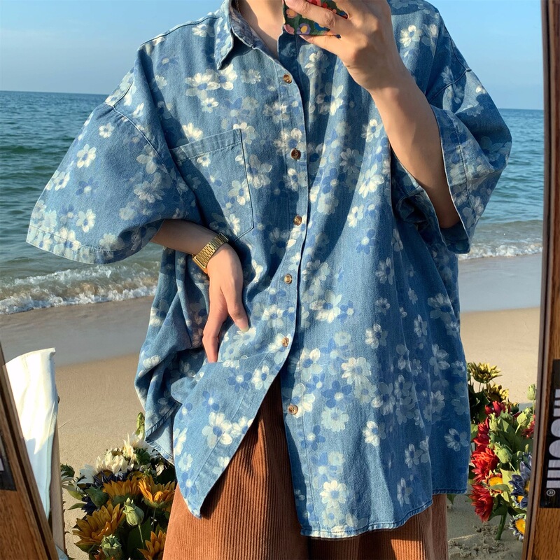 Factory Direct Supply Floral Print Washed Vintage Denim Short-Sleeve Shirt 2026 Summer New Loose Beach Shirt