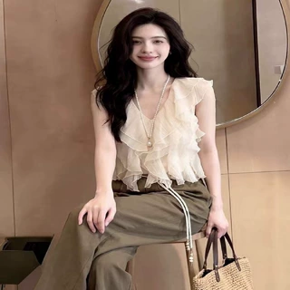 甜美荷叶边洋气V领无袖雪纺衫女时尚春夏设计感显瘦减龄百搭上衣