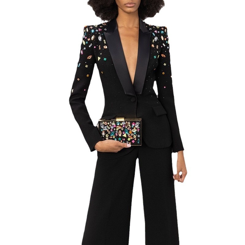 Abbigliamento da donna alla moda, nuovo, resistente, con perline, diamanti, vestibilità attillata, giacca, pantaloni svasati, completo due pezzi_voghion.com