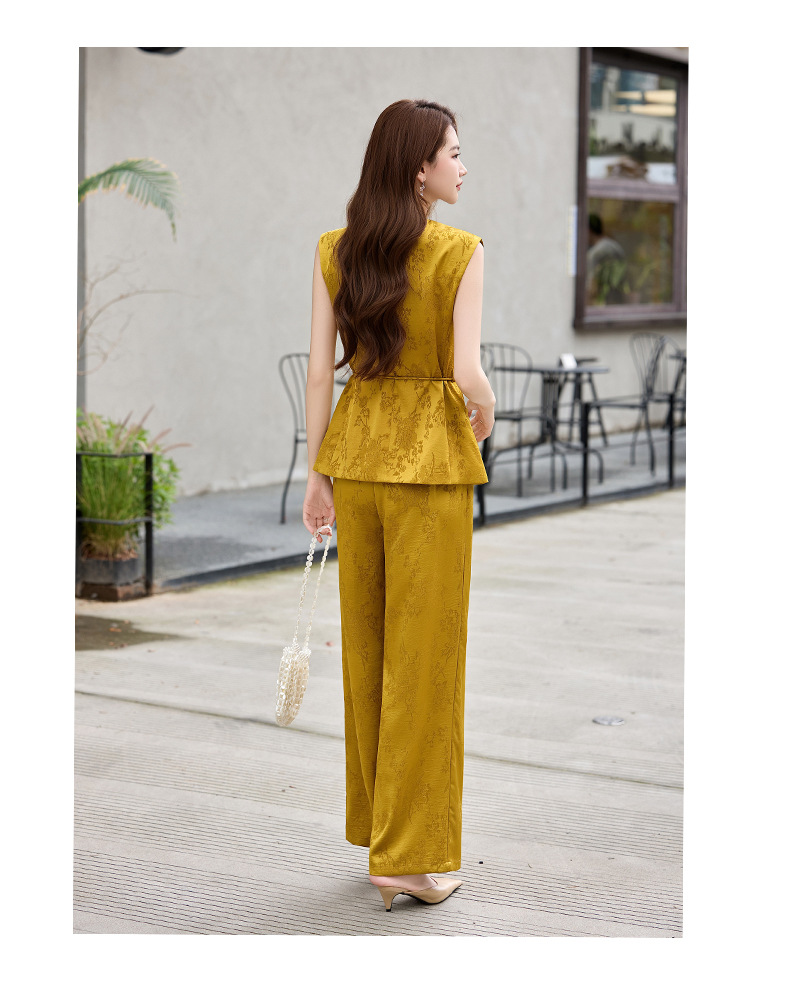 Bộ quần áo hai mảnh nữ phong cách tân cổ điển Trung Hoa – áo gile họa tiết jacquard kết hợp quần ống rộng — màu đen, màu trắng, màu vàng chi tiết 10