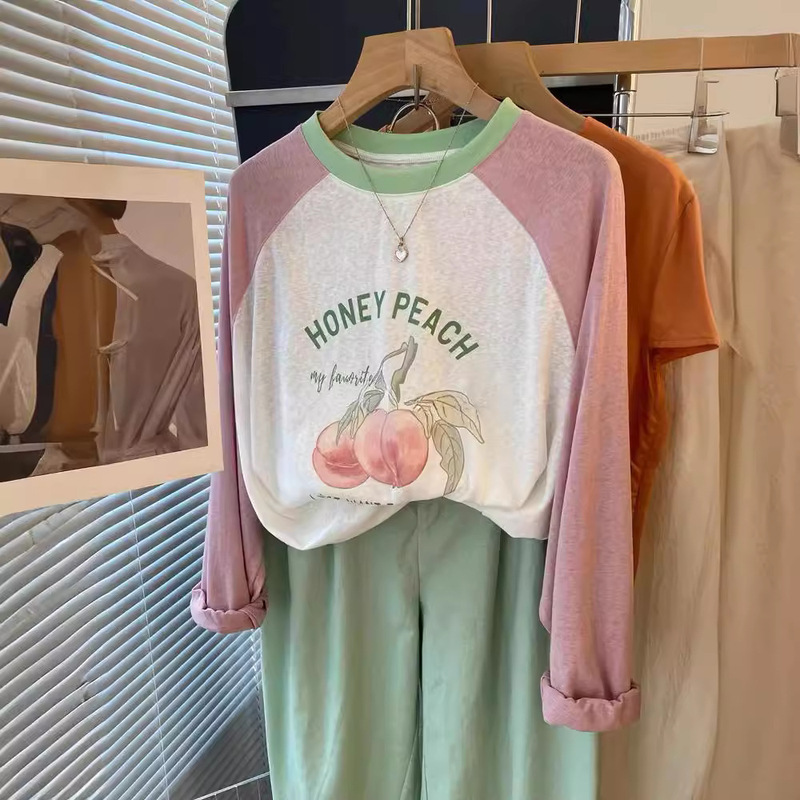 Peach in the World~Korea Dongdaemun Autumn and Winter Fresh Pink and Green Contrasting Thin Long-Sleeved T-Shirt Loose Large Size Top