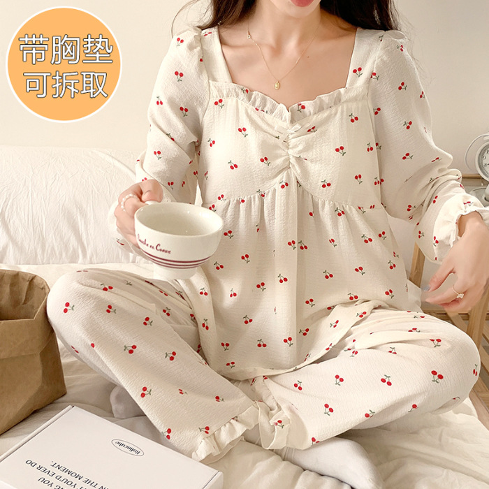 Más tamaño de manga larga pijamas de las mujeres tejidas con volantes con cuello en V Jersey de algodón de otoño e invierno dulce ropa de casa casual con el pecho pad traje