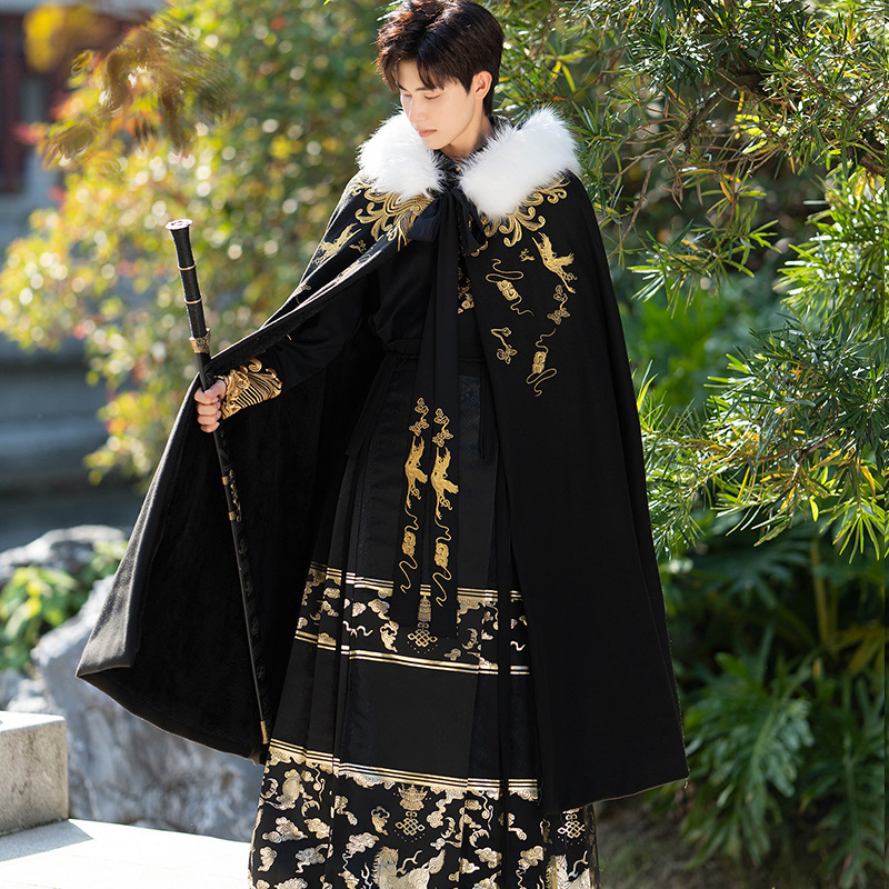 Chinese Style Men's Hanfu Thickened fleece-lined Poncho Cape New Chinese Style Ming Style Gold and Jade Mantang Woven Golden Horse-faced Skirt for Winter